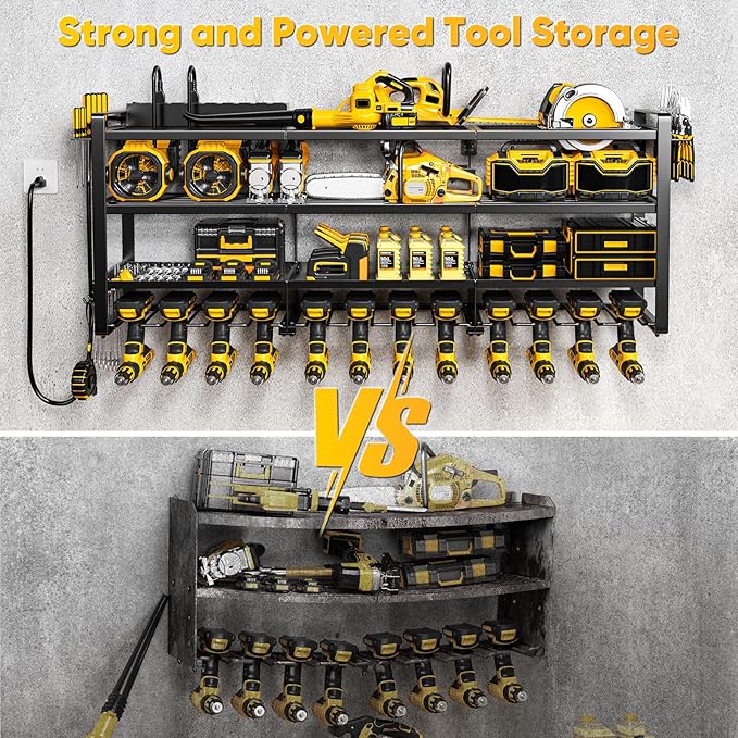 49.5" W Large Power Tool Organizer Wall Mount with Charging Station, 4-Tier Heavy Duty12 Cordless Drills Holder Load 600 lb, Tool Battery Storage Rack Built in 8 Outlet Power Strip for Garage