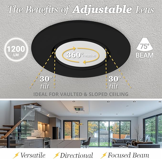 NUWATT 6 Inch 6 Pack Black Trim Retrofit Gimbal LED Recessed Downlight, High Lumen, 1200lm, 16W, Selectable 5CCT 2700K/3000K/3500K/4000K/5000K Dimmable, Adjustable Lens Eyeball Light, ETL Listed