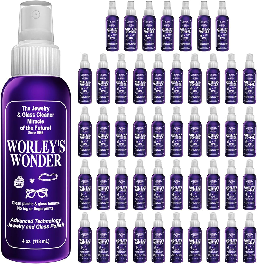 Worley's Wonder Jewelry & Glass Cleaner (4 Ounce Spray Bottle) - Jewelry Cleaner Spray for Gold, Silver, Diamonds, Gemstones, Glass, Marble, Electronics (Pack of 48)