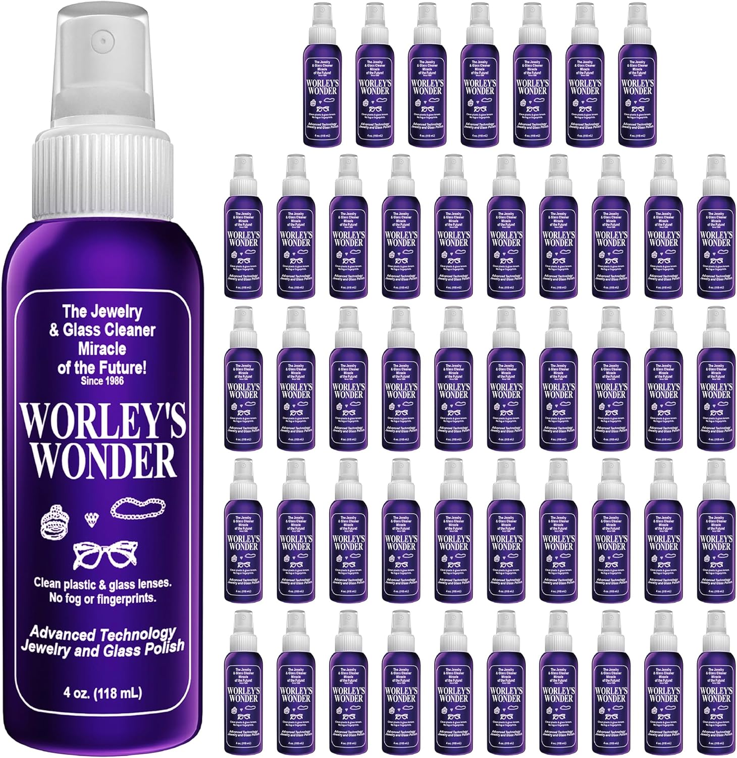 Worley's Wonder Jewelry & Glass Cleaner (4 Ounce Spray Bottle) - Jewelry Cleaner Spray for Gold, Silver, Diamonds, Gemstones, Glass, Marble, Electronics (Pack of 48)