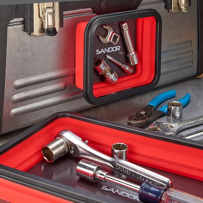 Collapsible Magnetic Parts Tray Set - 3 Different Size Tool Trays for Screw, Bolts, Nuts, Washers, Pins and Other Small Metal Parts, Mechanic Tool Gifts for Men - Red