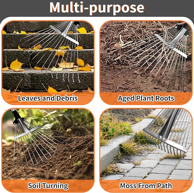 Garden Rake for Leaves – Heavy Duty Metal Leaf Rake for Lawns with Adjustable Handle (33"-69") & Expandable Head (8"-15") – Durable for Lawn, Shrub, Garden Beds – Essential Gardening Tools