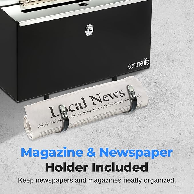 SereneLife Outdoor Wall Mailbox & Newspaper Holder | 0.24 FT Cubic Mailbox | Easy Installation, Secure Lock Mechanism | Ideal for Residential or Commercial Use | Wall Mountable | 15x3x11 in | Black