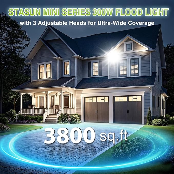 STASUN 150W LED Flood Light, Mini Series Outdoor Floodlight, 15000LM 6000K Daylight White, IP66 Waterproof, 3 Adjustable Heads, LED Exterior Flood Lights for Backyard, Driveway, Garage, Patio, Porch