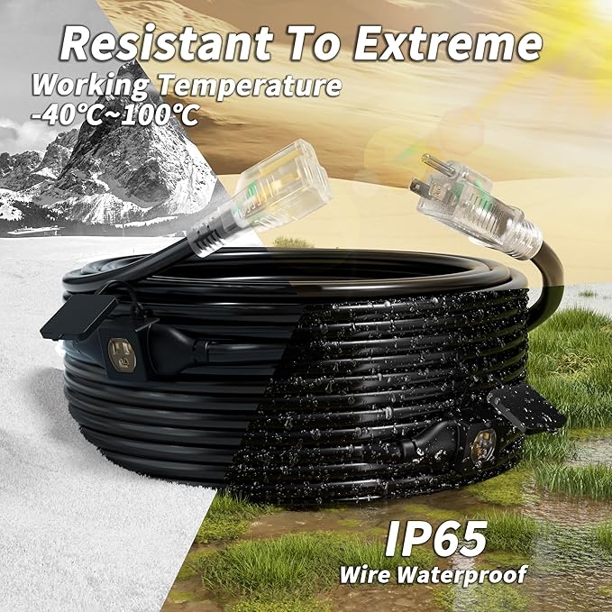 25 FT Outdoor Extension Cord with Multiple Outlets, 16/3 Gauge Heavy Duty Christmas Light Extension Cord Evenly Spaced 3 Outlets Black with Lighted, 16AWG 13AMP 1625W 125V SJTW, ETL Listed