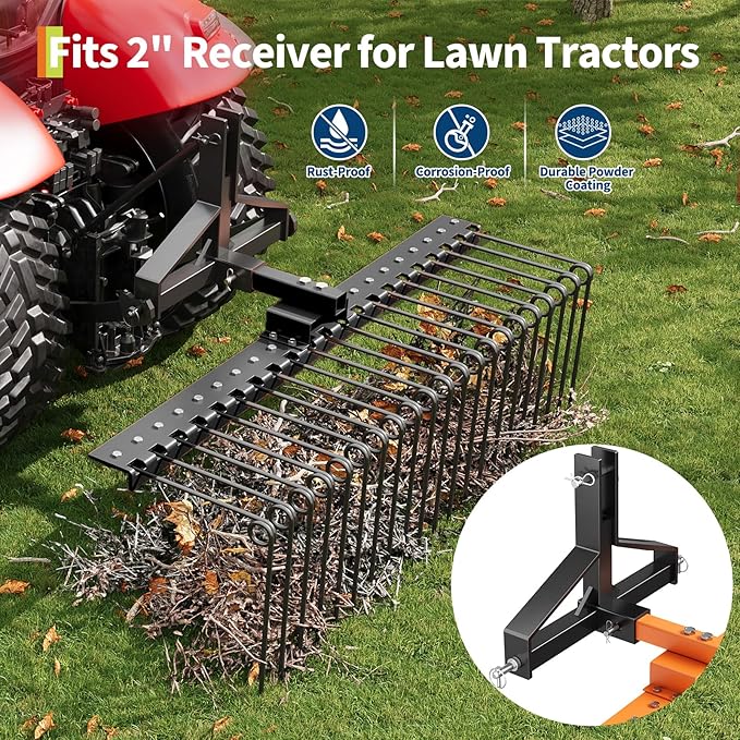 Tow Behind Landscape Rake, 60" Tow Dethatcher with 21 Steel Coil Tines, Lawn Dethatcher Rake Attaches to 48" or 60" Toolbars and 3-Point Suspension Systems, for Leaves, Pine Needles, and Grassn, Black