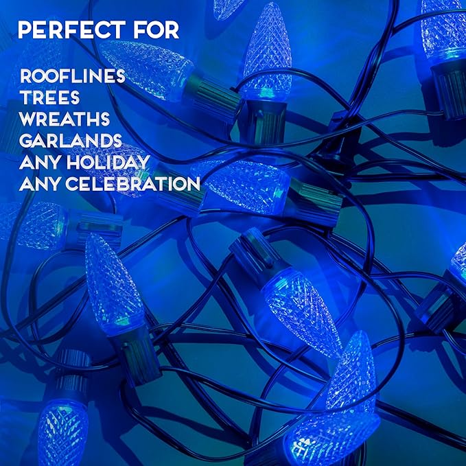 HLO Lighting Set of 25 Blue C9 Faceted LED Christmas Light Bulbs for Indoor & Outdoor Use | Durable Replacement Bulbs
