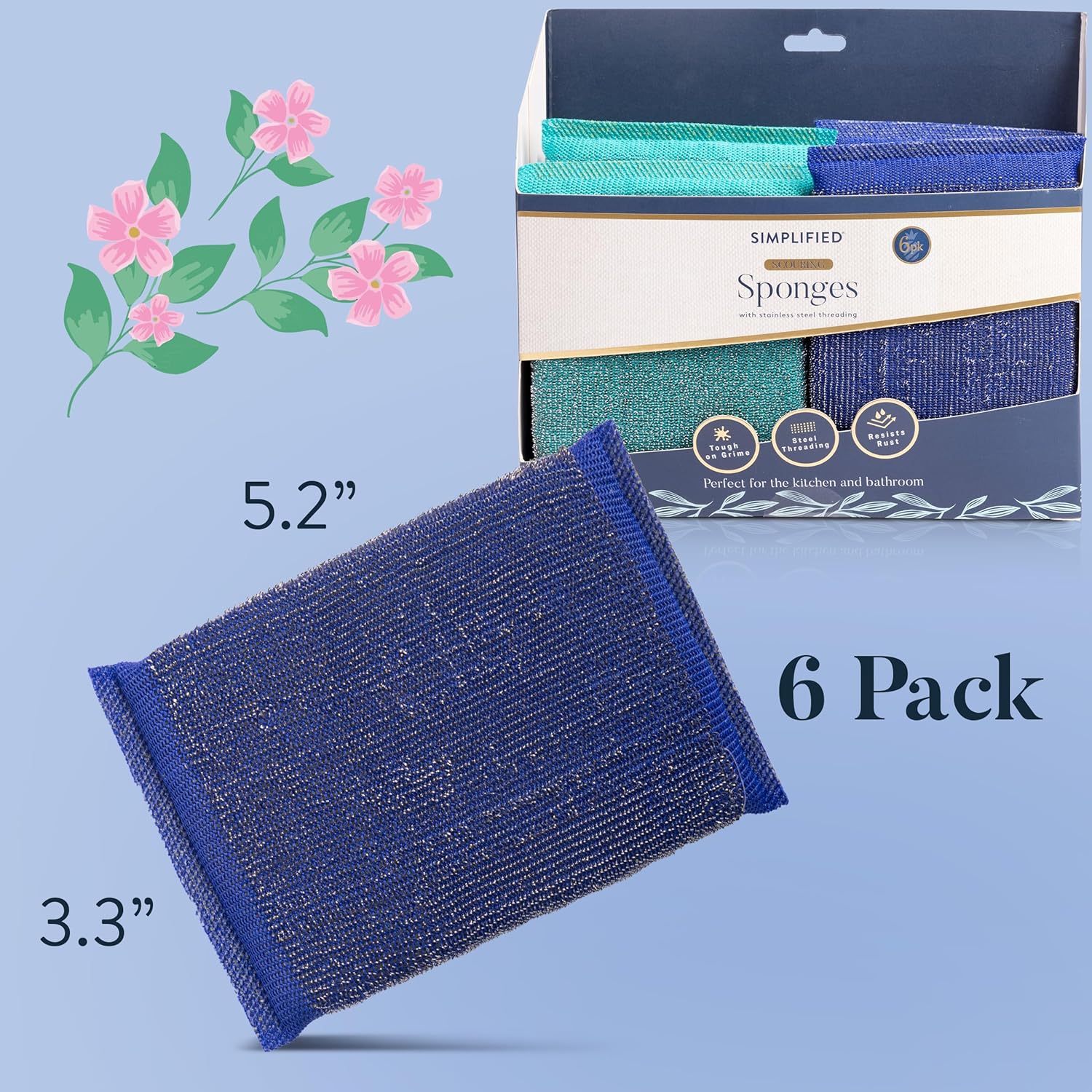 Simplified 6-Pack Steel Scouring Sponges with Rust Resistant Stainless Steel Threading for Home and Kitchen Cleaning Supplies, Heavy Duty Cleaning Sponge for Kitchen & Bathroom, Blue/Green