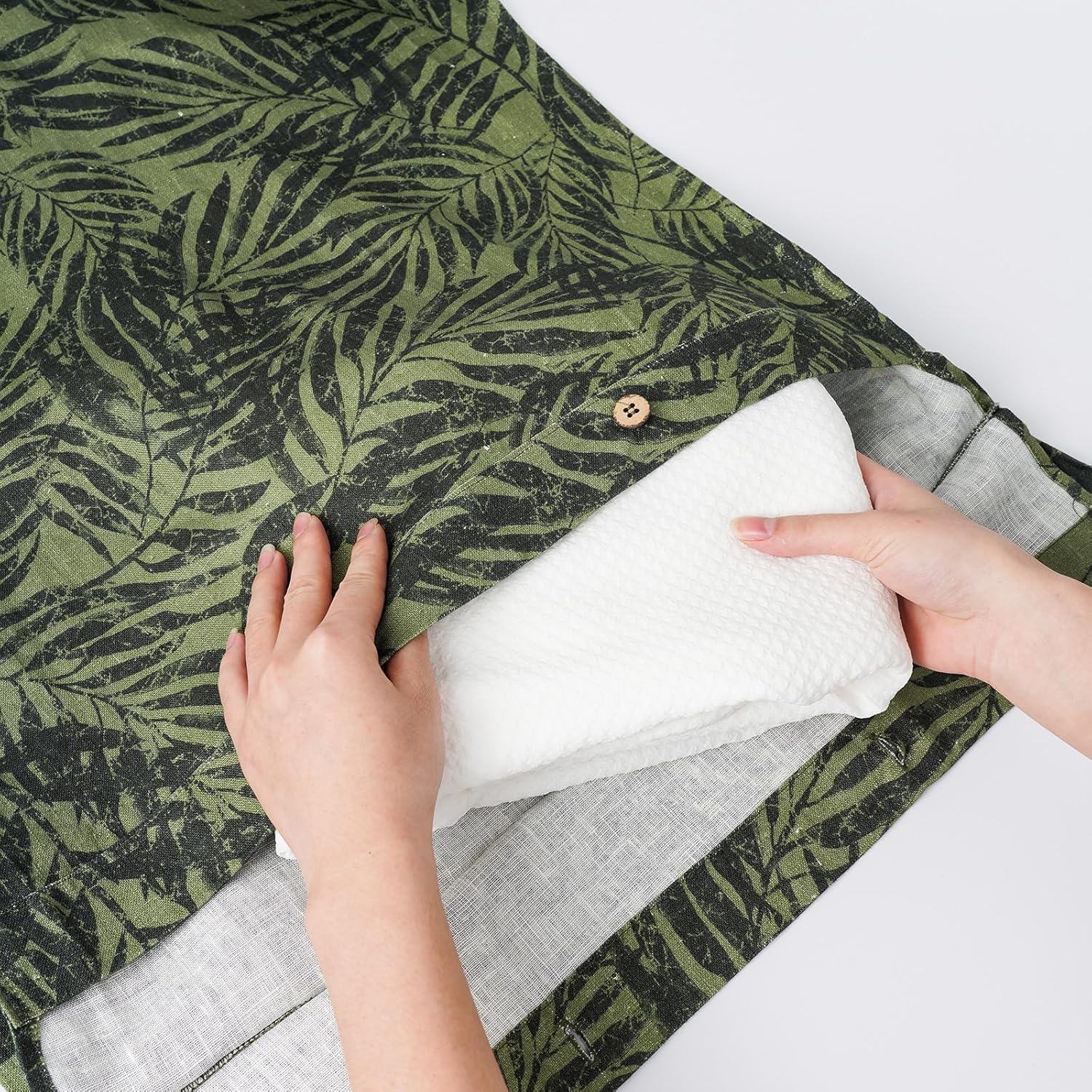 Linen Hanging Laundry Bag, 100% Linen Leaf Print Over The Door Laundry Hamper with Buttons and Zipper, Space Saving Door Hampers for Laundry Dirty Clothes Home Travel, Green, 19.7x27.5inches