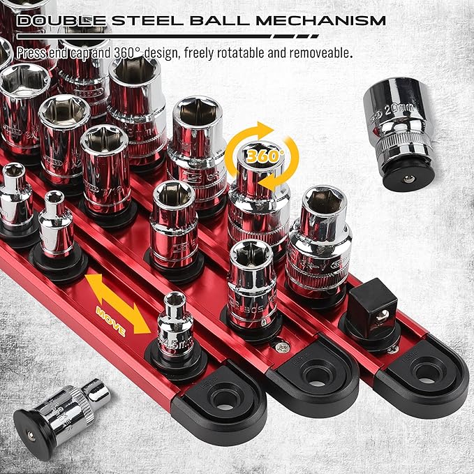 Magnetic Socket Holder Organizer Set: 1/4 Detachable Socket Trays Socket Organizer for Tool Box Drawer Holds 14-Piece Standard Size Sockets for Automotive Garage(Red)