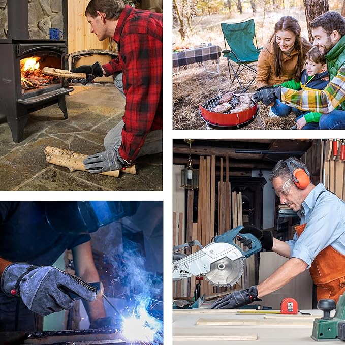 Leather Work Gloves for Men or Women. Medium Glove for Gardening, Tig/Mig Welding, Construction, Chainsaw, Farm, Ranch, etc. Cowhide, Cotton Lined, Utility, Firm Grip, Durable. Grey-Black M