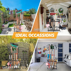 PLKOW Garden Tool Organizer with Wheels and Storage Hooks, Rolling Corner Tool Storage Rack for Garden, Shed, Garage, Powder Coated Steel, Black