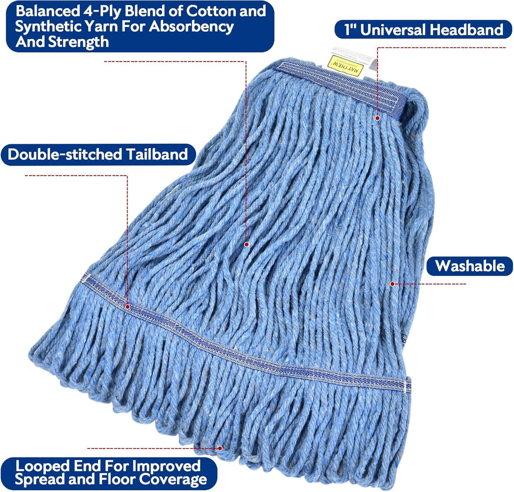 Matthew Cleaning Heavy Duty Mop Head Commercial Replacement for General and Floor Cleaning , Wet Industrial Blue Cotton Looped End String Head Refill (Pack of 3) Blue