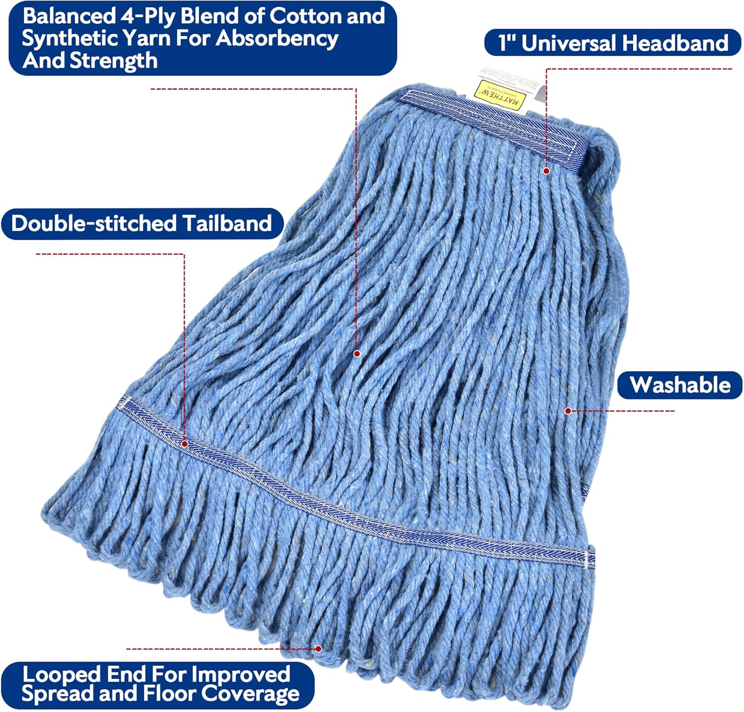Matthew Cleaning Heavy Duty Mop Head Commercial Replacement for General and Floor Cleaning, Wet Industrial Blue Cotton Looped End String Head Refill (Pack of 12) Blue