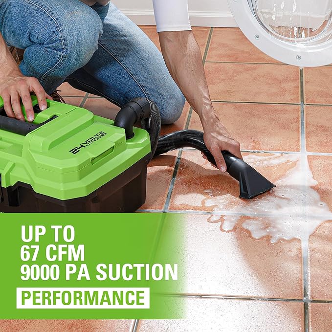 Greenworks 24V (3 Gallon) Cordless Wet/Dry Shop Vacuum + Accessories, Including 2.0Ah Battery and Charger