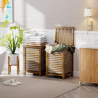 SMIBUY Double Laundry Hamper with Lid, 120L Bamboo Laundry Basket with Removable Liner Bag, 2-Section Clothes Divider Laundry Sorter for Laundry Room, Bathroom, Bedroom (Walnut)