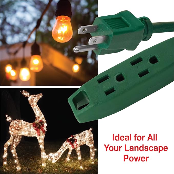 Clear Power Outdoor Extension Cord - 9 FT, Green | Lawn & Garden, 16/3 SJTW, 3-Outlet, Water & Weather Resistant, Flame Retardant, 3 Prong Grounded Plug, Perfect for Christmas and Holiday (CP10140)