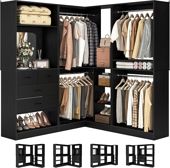 Unikito 86” Closet System, Corner Closets Organizer with Hanging Rods and Mirror, Freestanding Adjustable Clothes Garment Racks with Drawers, Sturdy Walk in Closet Kit with 3 Set Closets Tower, Black