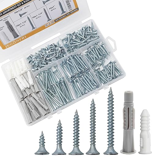 High Hardness Wood Screws Assortment Kit and Plastic Wall Anchors, 203 pcs 1/2" to 1-1/2" Phillips Drive Flat Head Screws & 30 pcs M6 Drywall Anchors