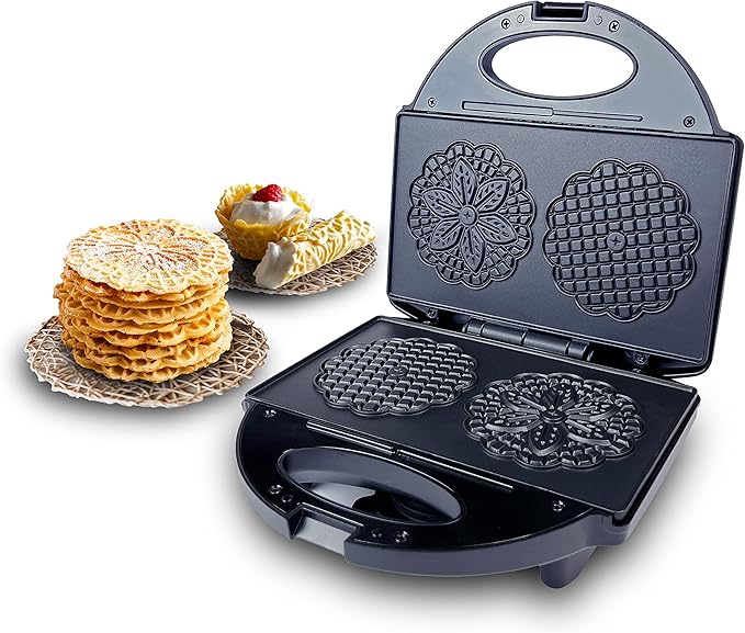 Pizzelle Maker with Non-Stick Coating, Electric Pizzelle Cookie Baker Press with Snowflake Pattern, Make Two 4 Inch Traditional Italian Waffle Cookies at Once, Recipe Included