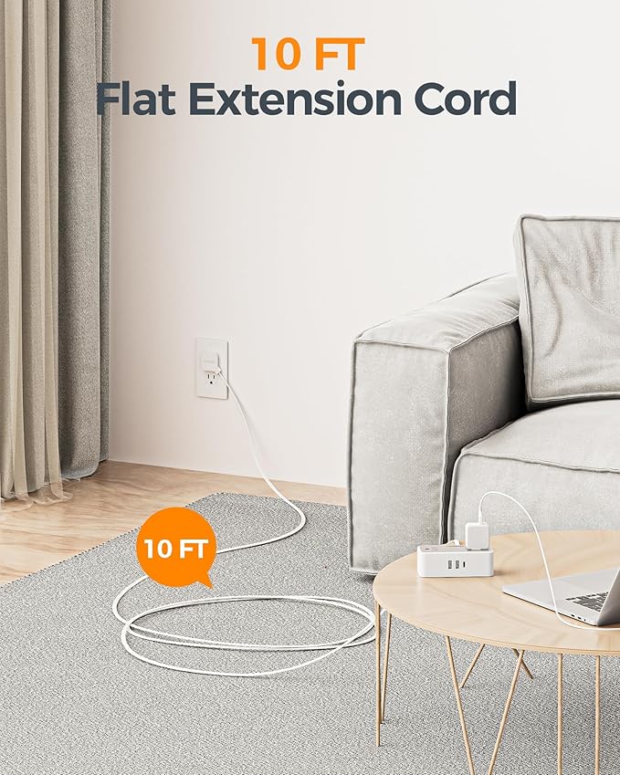 Flat Plug Extension Cord 10 FT, TESSAN Surge Protector Power Strip with 4 AC Outlets 1 USB C and 2 USB A Ports, 900 Joules Protection, Multiple Wall Outlet Extender Suitable for Home Office Dorm