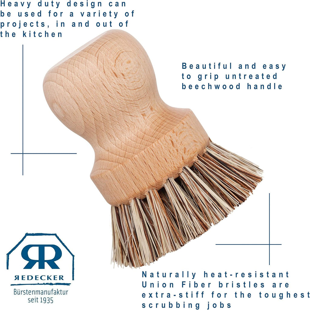 REDECKER Natural Fiber Bristle Pot Brush - Untreated Beechwood Handle - Heat-Resistant Union Fiber Head for Cleaning Pots, Pans and More - 2-1/2 inch Diameter - Set of 2 - Boar Bristle Dish Brush