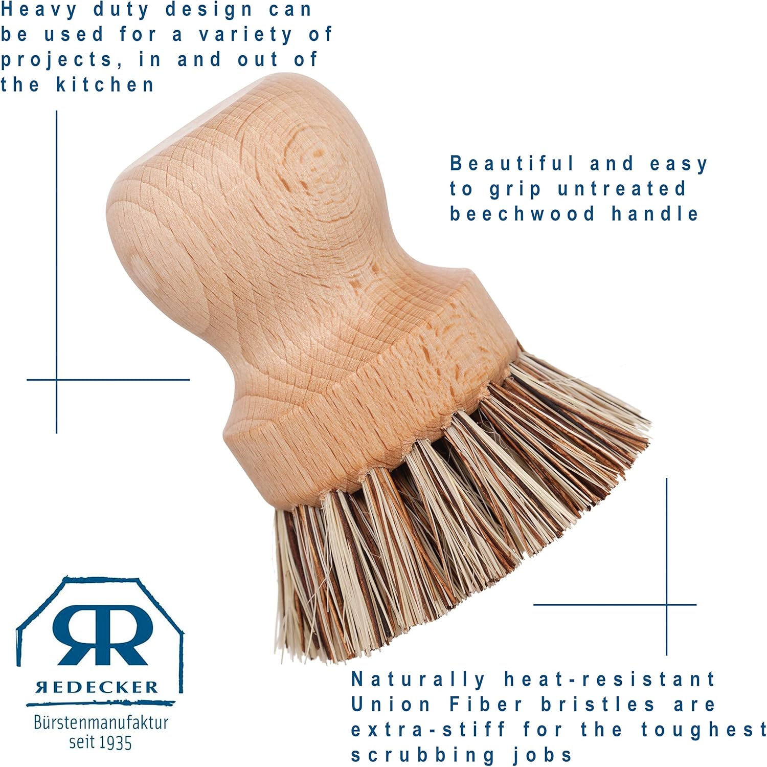 REDECKER Natural Fiber Bristle Pot Brush - Untreated Beechwood Handle - Heat-Resistant Union Fiber Head for Cleaning Pots, Pans and More - 2-1/2 inch Diameter - Set of 2 - Boar Bristle Dish Brush