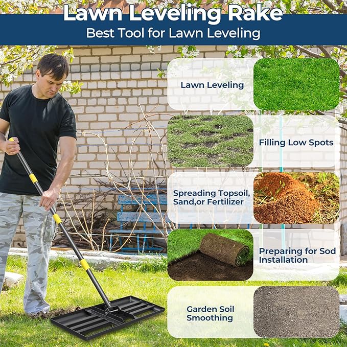 Professional Lawn Leveling Rake 30x10in - Heavy Duty Leveling Tool with 72in Adjustable Stainless Steel Handle | Golf Field Sand Spreader, Football Pitch Grass Leveler | Rustproof Turf Grading Rake