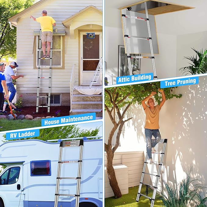 Telescoping Ladders 8.5 FT Stainless Steel - One-Button Retraction Collapsible Extension Ladder for Home,RV,Loft, Lasts 375 LBS with 2 Triangle Stabilizers