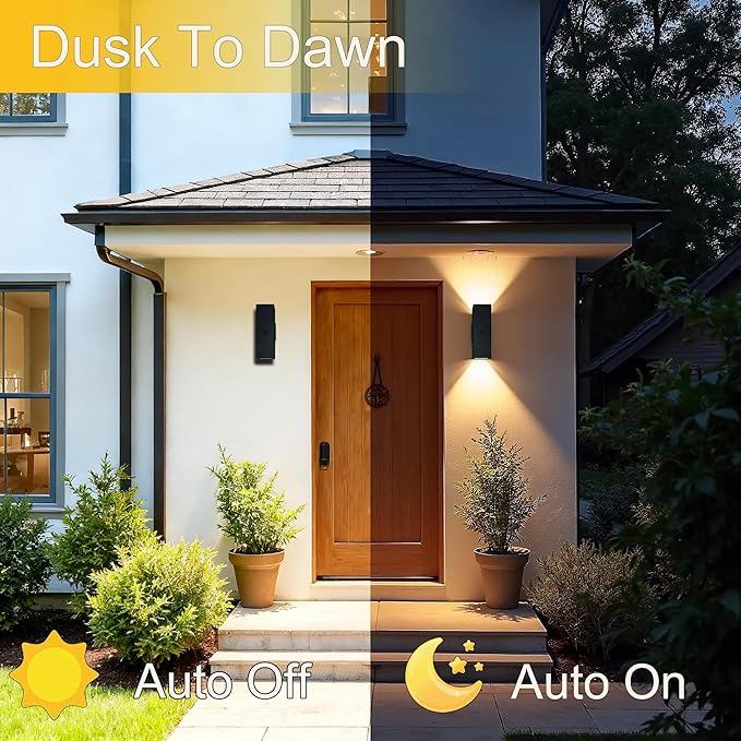 2 Pack Motion Sensor Outdoor Wall Lights, Dusk to Dawn Up & Down Sconces with E26 Dimmable LED Bulbs, Black Aluminum Porch, Patio, Garage,Front Door Lighting Fixtures, ETL Listed