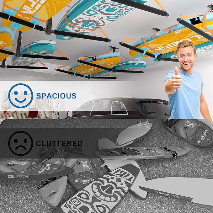 Double Paddleboard and Surfboard Garage Ceiling Storage Racks, Adjustable Height Overhead Storage Ladder Hanger, Heavy Duty Kayak Ceiling Storage with Fix Straps, Holds 200 lbs, Black