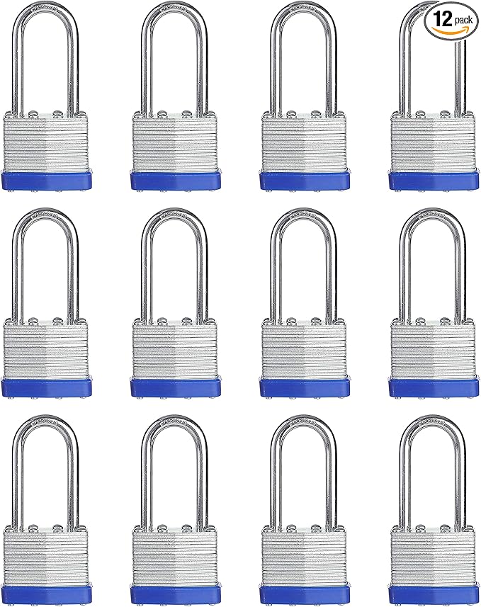 Lock, 1-9/16" (40mm) Laminated Keyed Padlocks, keyed Alike Locks, 2 inch Long Shackle Locks- Pack of 12