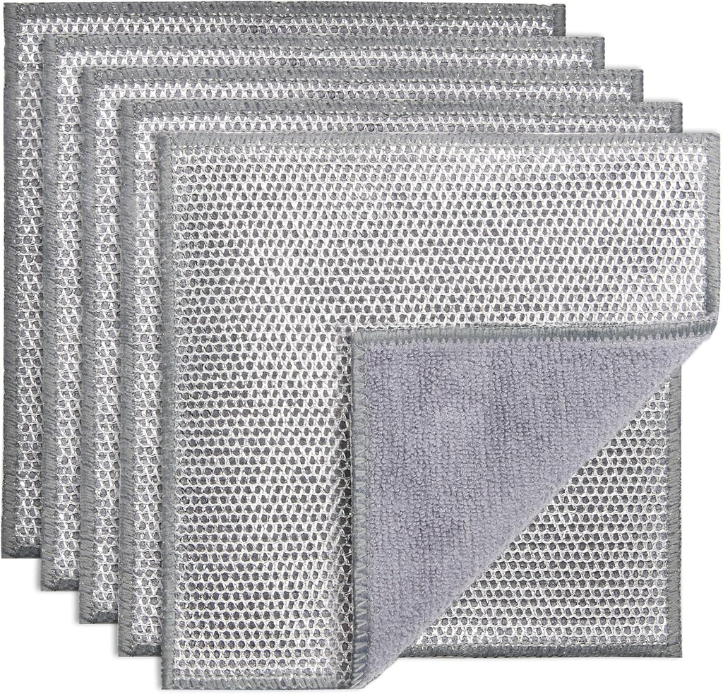 2 in 1 Stainless Steel Scrubber & Microfiber Cleaning Cloth, 5 Pack Towel & Steel Scrub Cloth for Pans, Dishes, Countertops, Reusable Non-Scratch Cleaning Pad for Kitchen Sink
