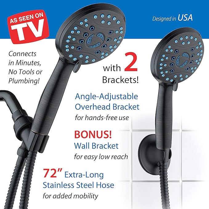 Hotel Spa AquaCare High Pressure 8-mode Handheld Shower Head - Anti-clog Nozzles, Built-in Power Wash to Clean Tub, Tile & Pets, Extra Long 6 ft. Stainless Steel Hose, Wall & Overhead Brackets