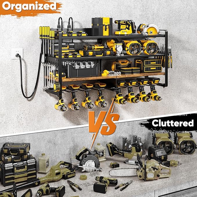 33" W Large Power Tool Organizer with Charging Station, 4-Layer Heavy Duty Utility Rack Loads 400lbs, Holds 8 Cordless Drills, Wall Mount Tool Shelf with 8-Outlet Power Strip, Gift for Men