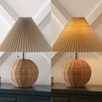 JONATHAN Y JYL1145C Aksel 17.25" Coastal Scandinavian Rattan/Iron Sphere LED Table Lamp with Pleated Shade and Pull Chain, Natural/Chrome/Dark Beige, for Bedroom, Living Room, Entry Console