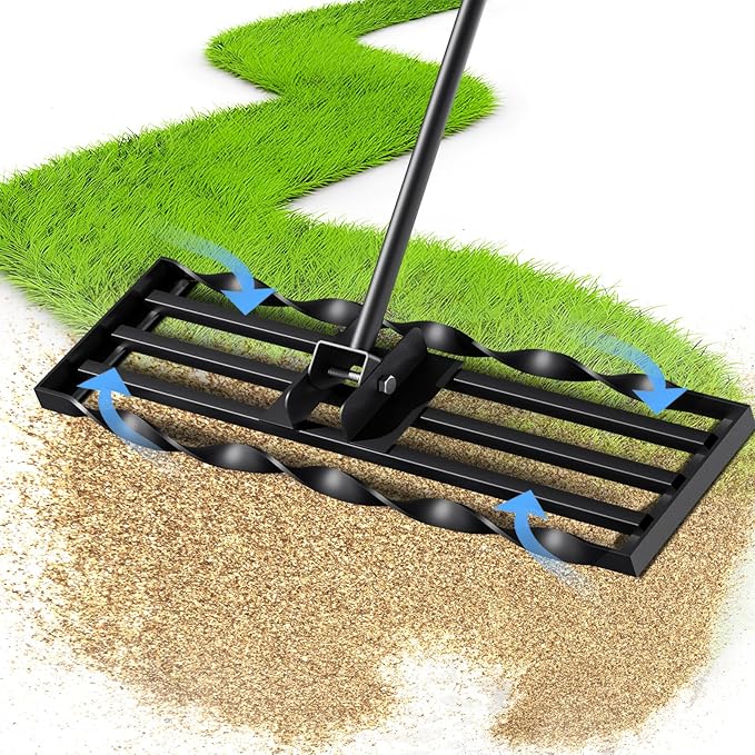 Lawn Leveling Rrakes (17x10 inch),Lawn Leveling Tool ,Spiral Patented Design with a 72" Handle rake, Suitable for backyards, Gardens, Golf Courses, Farms, Pastures