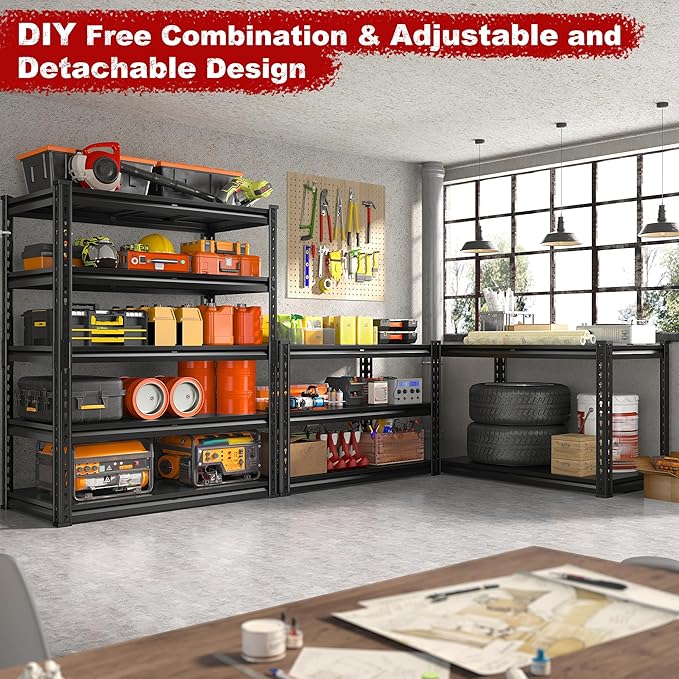 REIBII 72.1" H Garage Shelving 2000LBS Storage Shelves Heavy Duty Metal Shelving 5 Tier Garage Storage Shelves for Commercial Warehouse Pantry Kitchen 72.1" H x 40.1" W x 18.1" D