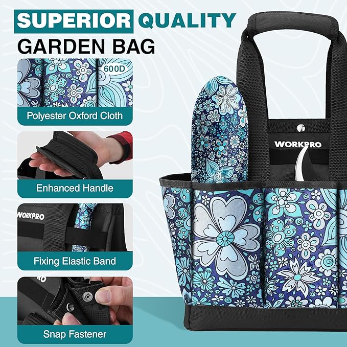 WORKPRO 5PCS Garden Tool Set, Aluminum Heavy Duty Gardening Tool Set with Garden Tool Bag, Outdoor Garden Hand Tools, Floral Blue