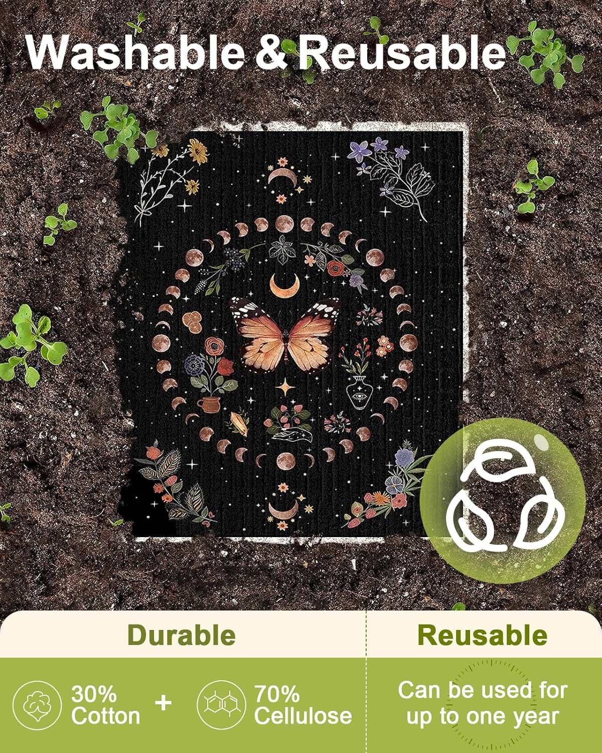 6 Pack Swedish Dishcloths for Kitchen - Reusable Dish Cloths for Washing Dishes Absorbent Cute Funny Kitchen Towels Cleaning Sponge, Moon Butterfly