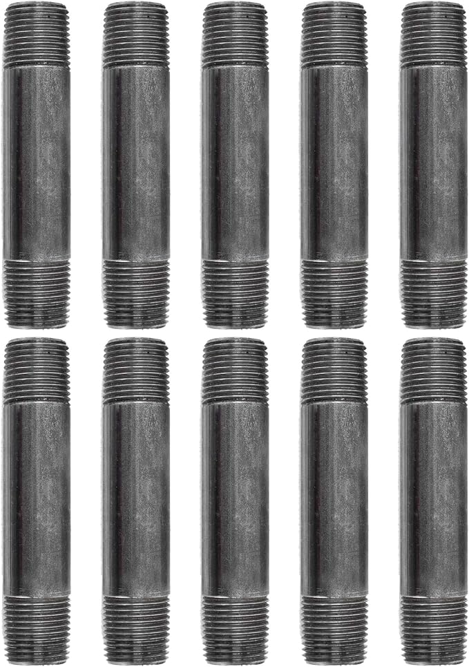 PIPE DÉCOR 1/2” x 4” Malleable Cast Iron Pipe Nipple, Pre Cut Connectors, Industrial Steel Grey Fits Standard Half Inch Black Threaded Pipes Nipples and Fittings, Build Vintage DIY Furniture, 10 Pack