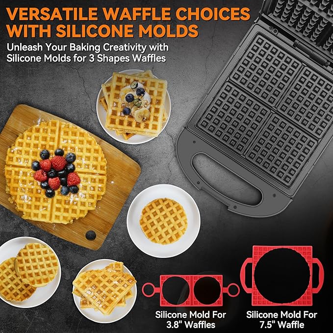 Baker's Friend Multi Shapes Waffle Iron Combo - Mini, American Classic, Belgian & Chaffle Maker, 2 Silicone Molds, Graphite