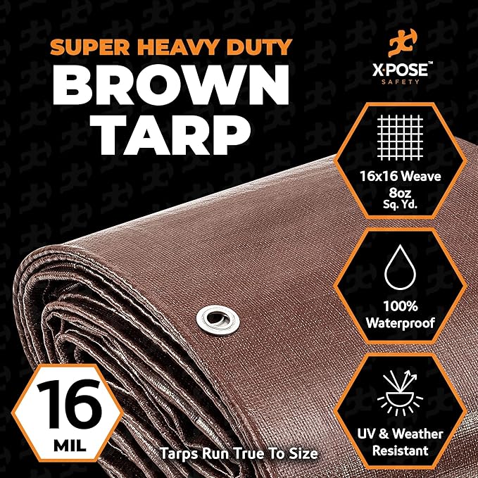 Xpose Safety Super Heavy-Duty 5' x 7' Brown Poly Tarp (2-Pack) - 16 Mil Waterproof & UV Resistant, Rip-Proof with Reinforced Edges & Grommets