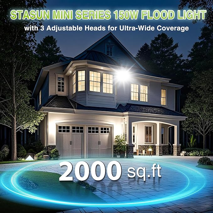 STASUN 2 Pack 150W LED Flood Lights, Mini Series Outdoor Floodlight, 15000LM 6000K Daylight White IP66 Waterproof 3 Adjustable Heads LED Exterior Flood Light for Yard, Driveway, Garage, Patio, Porch