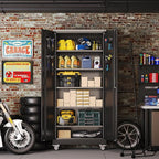 Metal Storage Cabinet with Wheels and Pegboard,71" H x 32" W x 16" D Garage Storage Cabinet with 2 Doors and 5 Adjustable Shelves for Garage, Home, Warehouse, Closet, Assembly Required, Black
