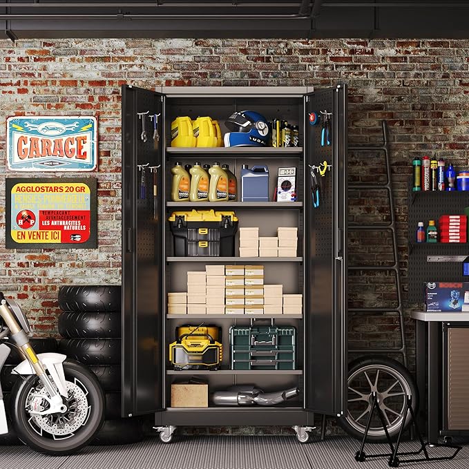 Metal Storage Cabinet with Wheels and Pegboard,71" H x 32" W x 16" D Garage Storage Cabinet with 2 Doors and 5 Adjustable Shelves for Garage, Home, Warehouse, Closet, Assembly Required, Black