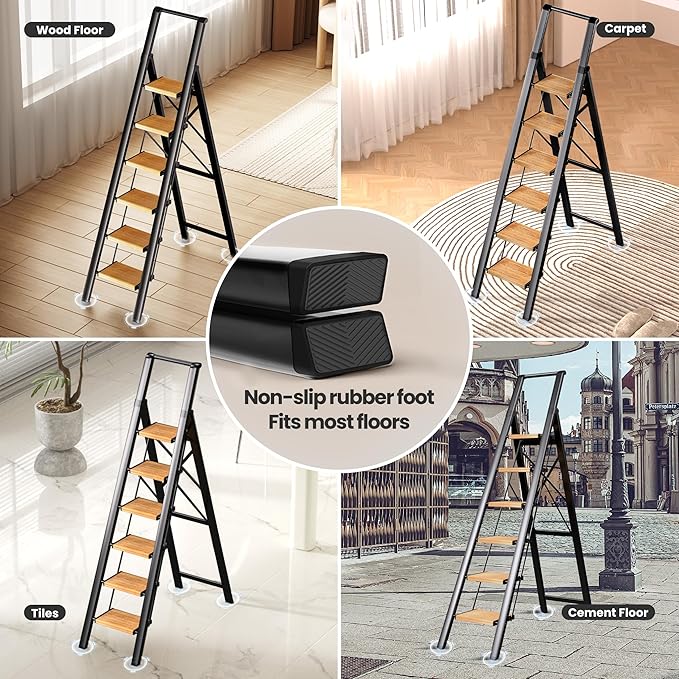 6 Step Ladder for 12 Ft High Ceiling, Folding Step Stool with Handgrip & Anti-Slip Wide Pedal, Portable Aluminum Stepladder for Kitchen, Home (300 lbs Capacity) - Black+Wood Grain