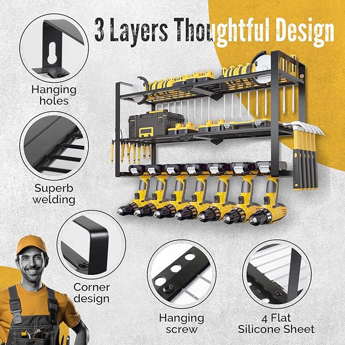 3 Shelf 7 Drill Holder Power Tool Organizer Wall Mount, Tool Storage Rack for Garage, Pegboard, Workshop walls | Compatible for all type of Cordless Power tools Comes With J hooks for Cords