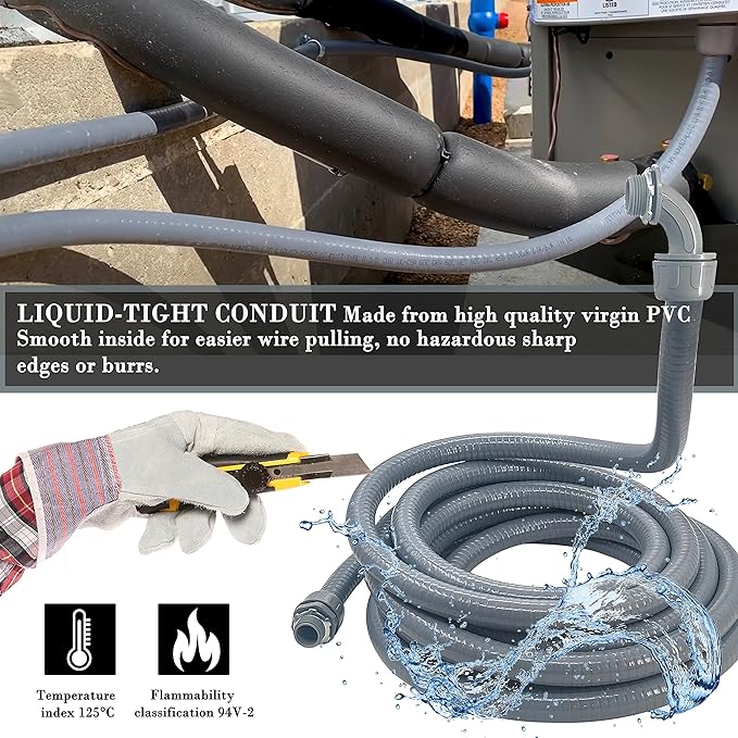 50 Foot Liquid-Tight Conduit Kit - 1/2inch Flexible Non Metallic Liquid Tight Electrical Conduit and 5 Straight and 4 Angle Fittings Included. 1/2" Dia