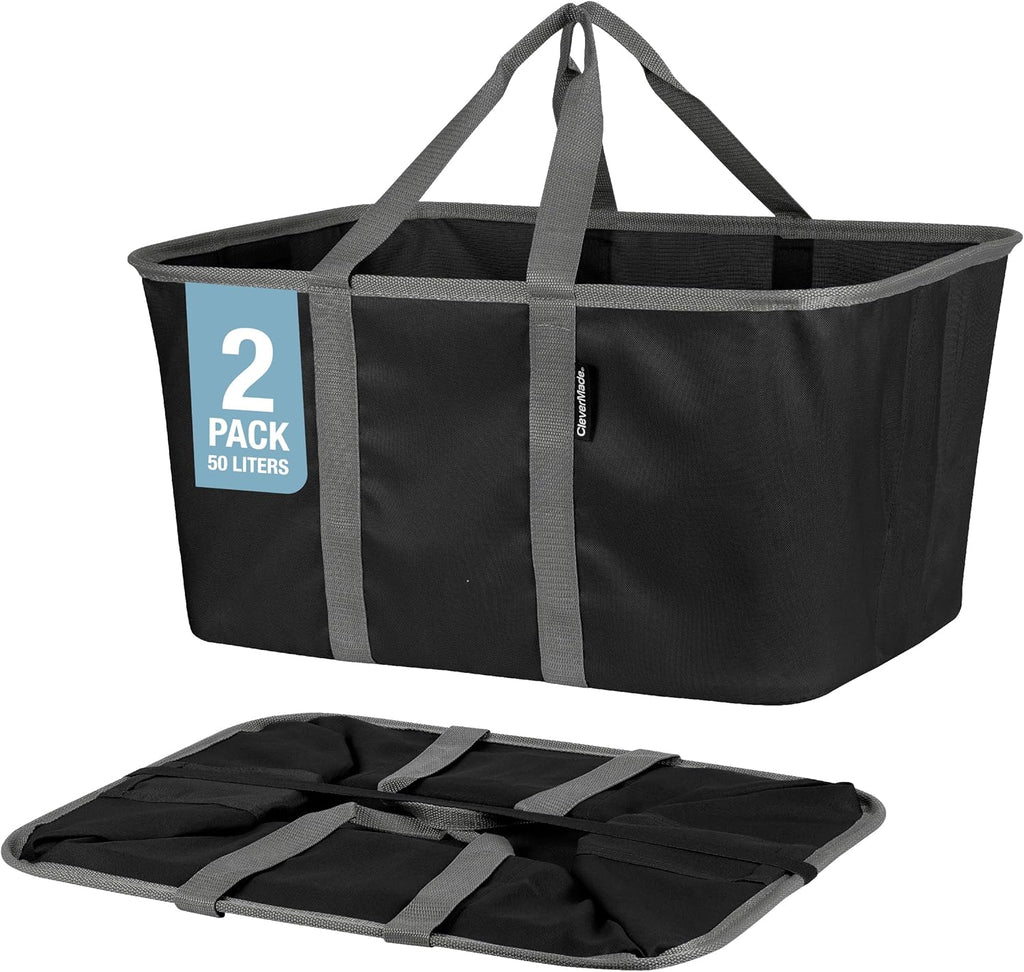 CleverMade Collapsible Laundry Tote - Midnight Black Shadow Gray 2-Pack 50L - Foldable Storage Organization Container for Clothes Laundry Room Storage